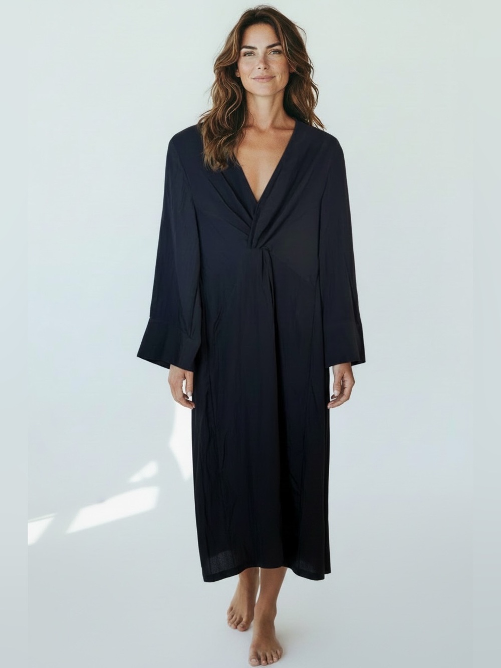 H&M Women’s Wrap Neck 3/4 Sleeve Black Caftan Midi Dress Size XS NWT